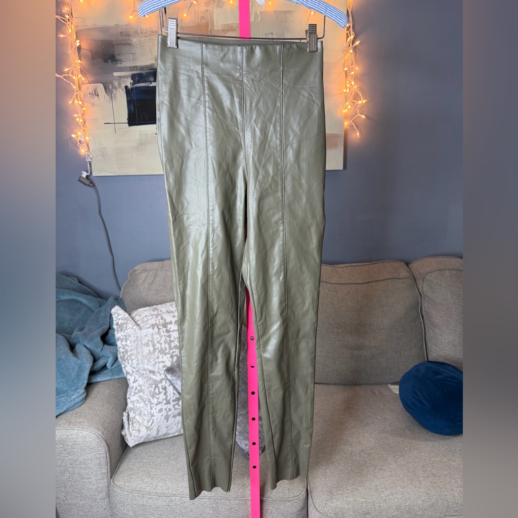 H&M Olive Green Faux Leather Pants Us 2 High Rise Straight Leg Vegan Leather